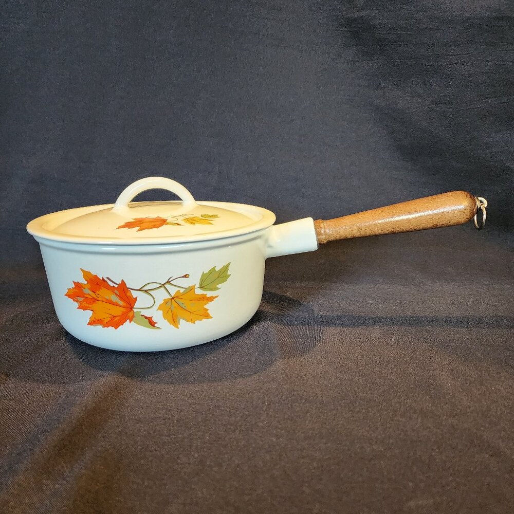 Descoware Autumn Leaves Vintage Belgium Enamelware Cast Iron Sauce Pot